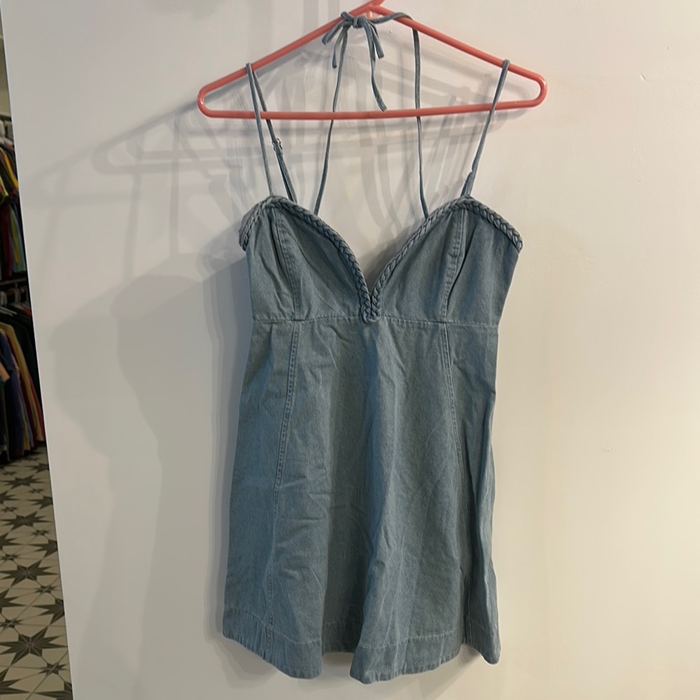 Day + Moon Denim braided babydoll mini dress